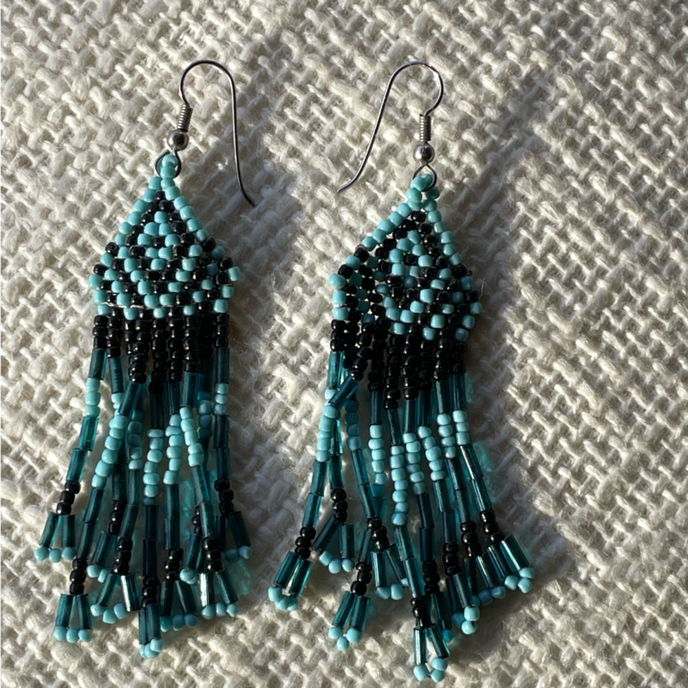 Aqua & black 3”+ geometric patterned fringe seed + bugle bead earrings